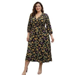 BloomChic Floral Wrap Midi Dress Womens 14 16 Black Yellow Purple